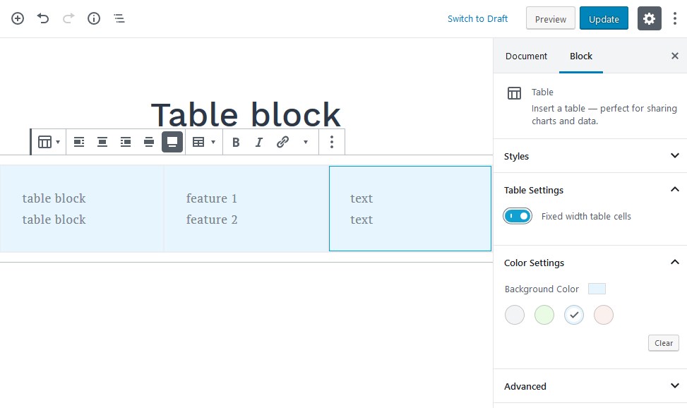 default table gutenberg block