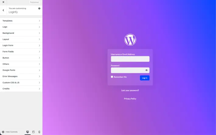 loginfy plugin customizer overview
