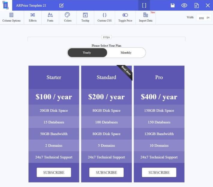 monthly/yearly toggle on an ARPrice pricing table