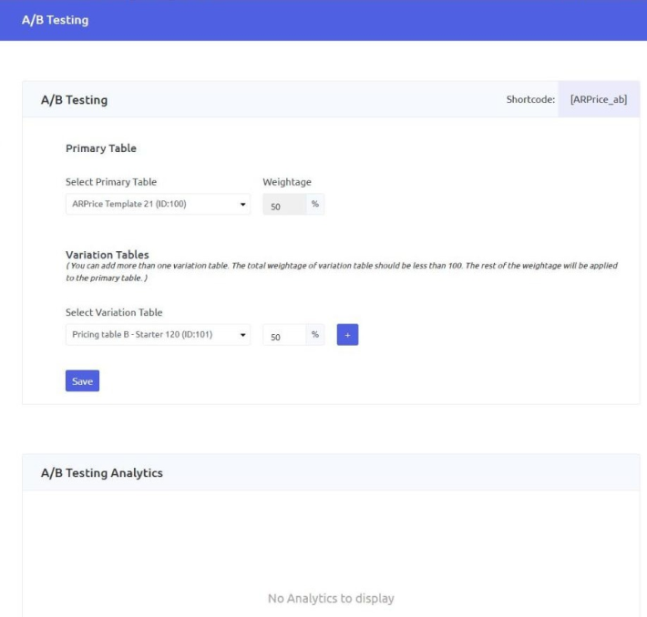 setting up an A/B test between two pricing tables in arprice